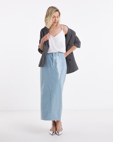 Clear Sequin Denim Midi Skirt