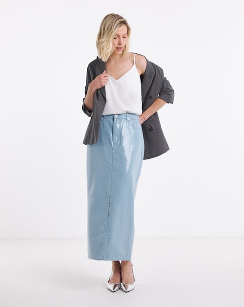 Clear Sequin Denim Midi Skirt