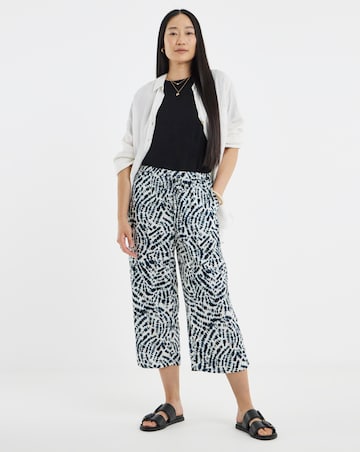 Navy Print Linen Mix Cropped Wide Leg Culottes