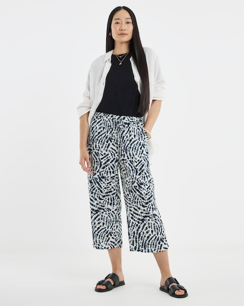 Navy Print Linen Mix Cropped Wide Leg Culottes