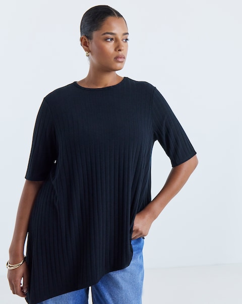 Simply Be Black Short Sleeve Asymmetrical Longline T-Shirt