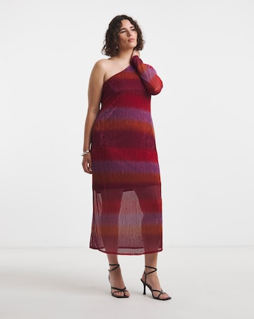 Multi Ombre Stripe Pleated Glitter Mesh One Shoulder Maxi Column Dress