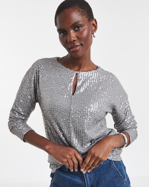 Sequin Keyhole Blouson Sleeve Top