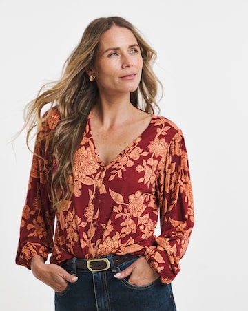 Burgundy Floral Button Fron Long Sleeve Top