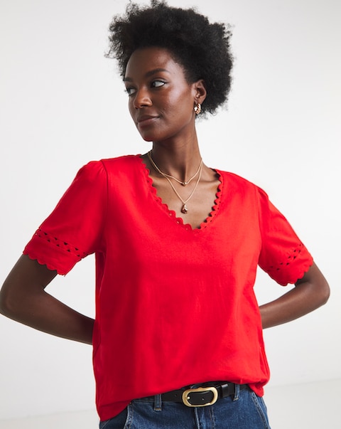Red Ric Rack Cotton Short Sleeve Top