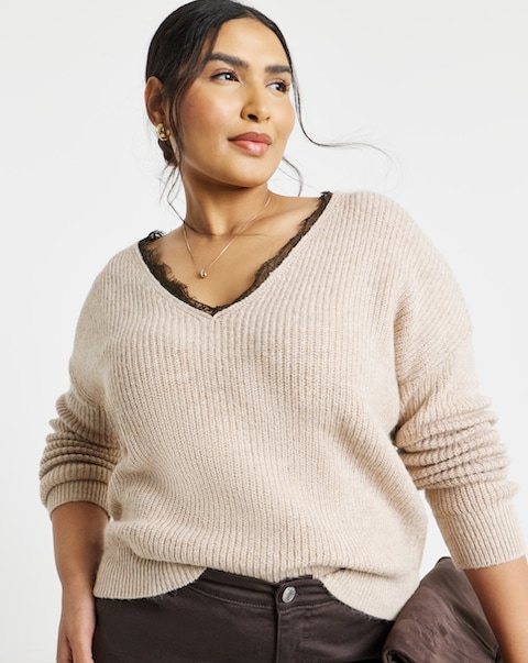 New In - V-Neck Lace Trim Jumper