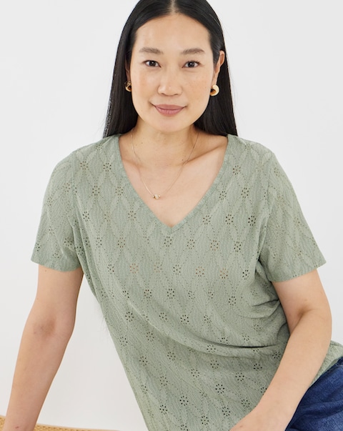 Sage Green Broderie Short Sleeve Bubble Hem Top