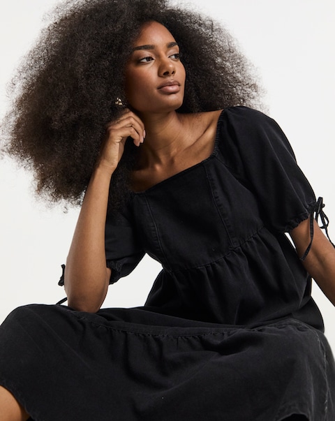Simply Be Black Midi Shirred Denim Smock Dress