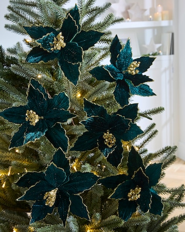 Green Velvet Gold Glitter Poinsettia Clips - Set of 6