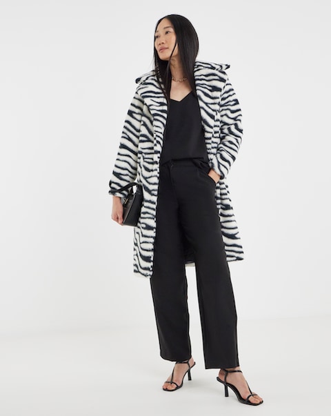 Longline Zebra Print Faux Fur Coat