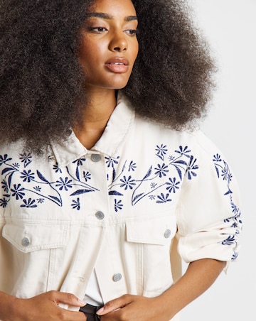 Simply Be Ecru Floral Embroidered Denim Boyfriend Jacket