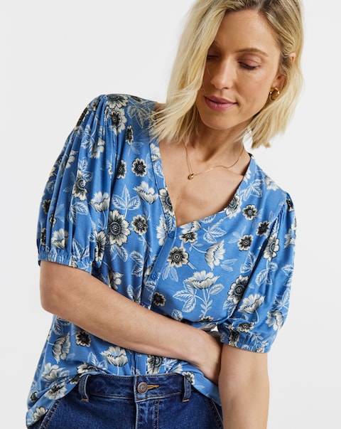 Blue Floral Button Front Short Sleeve Top