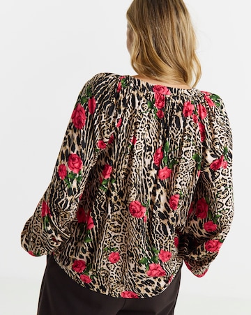 Animal Print Collarless Button Through Blouse