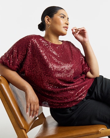 Simply Be Burgundy Sequin Bubble Hem Puff Sleeve Top