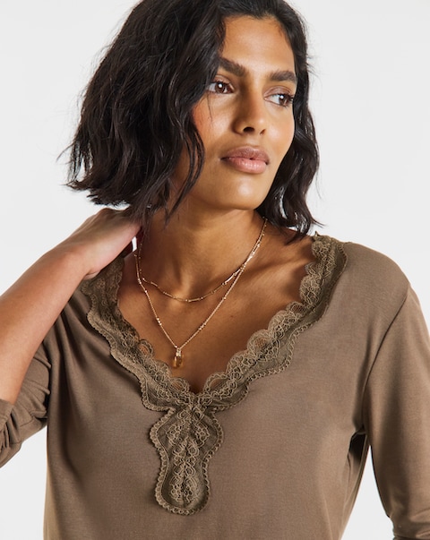 Simply Be Chocolate Cosy Lace V Neck Long Sleeve Top