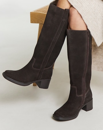 Winnie Suede Low Block Heel Knee High Boots - Wide Fit (E) & Curvy Calf