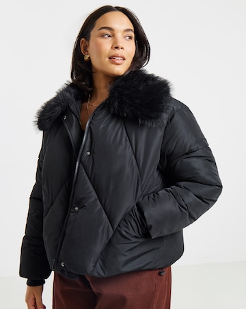 Black Faux Fur Collar Short Padded Coat
