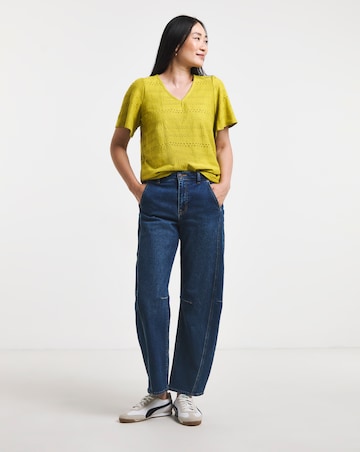 Pure Cotton Green V - Neck Broderie Top