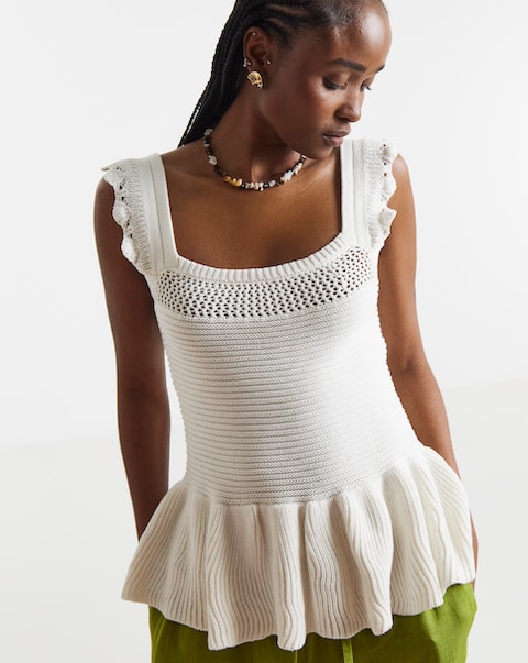 Ivory Crochet Square Neck Frill Top