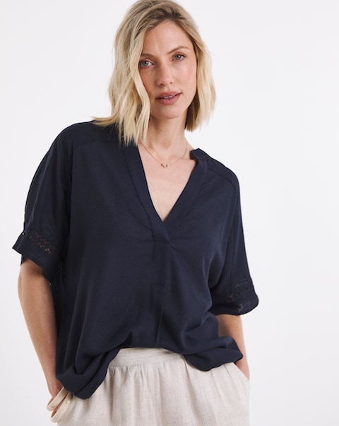 Crochet Trim Linen Mix Tunic Top