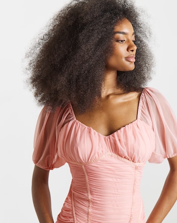 Simply Contour Pink Stretch Ruched Mesh Contouring Seam Bodycon Dress