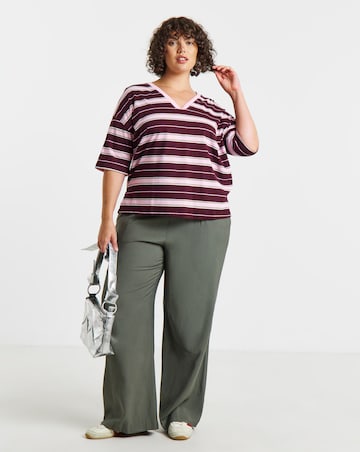 Simply Be Pink And Burgundy Stripe Short Sleeve V-Neck T-Shirt