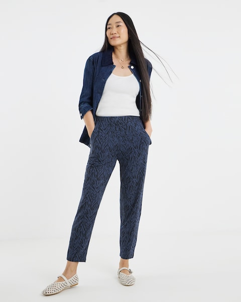 Navy Print Tie Waist Jersey Tapered Trouser
