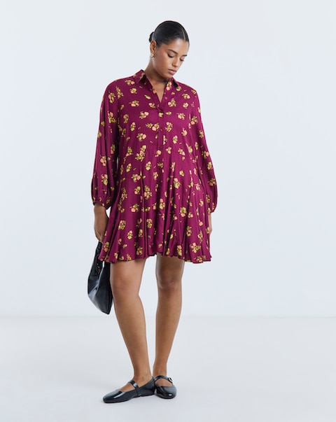 Simply Be Ditsy Print Long Sleeve Godet Shirt Dress