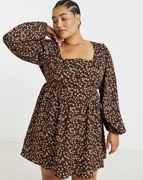 Simply Be Floral Print Long Sleeve Historic Detail Skater Dress