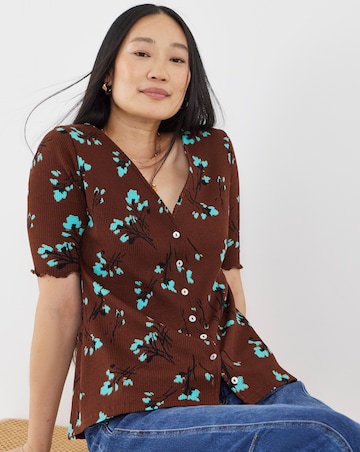 Chocolate Floral Lettuce Half Sleeve Rib Cardigan