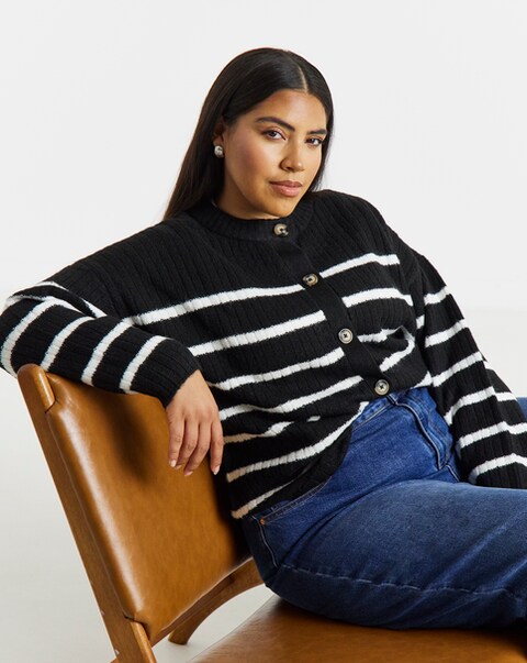 Simply Be Cosy Yarn Mono Stripe Crew Neck Ribbed Cardigan