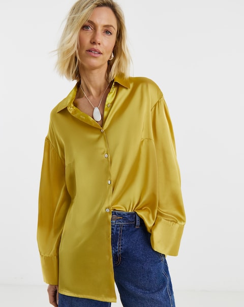 Chartreuse Satin Long Sleeve Shirt
