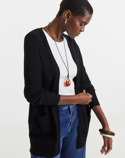 Fine Knit Black Longline Edge to Edge Cardigan