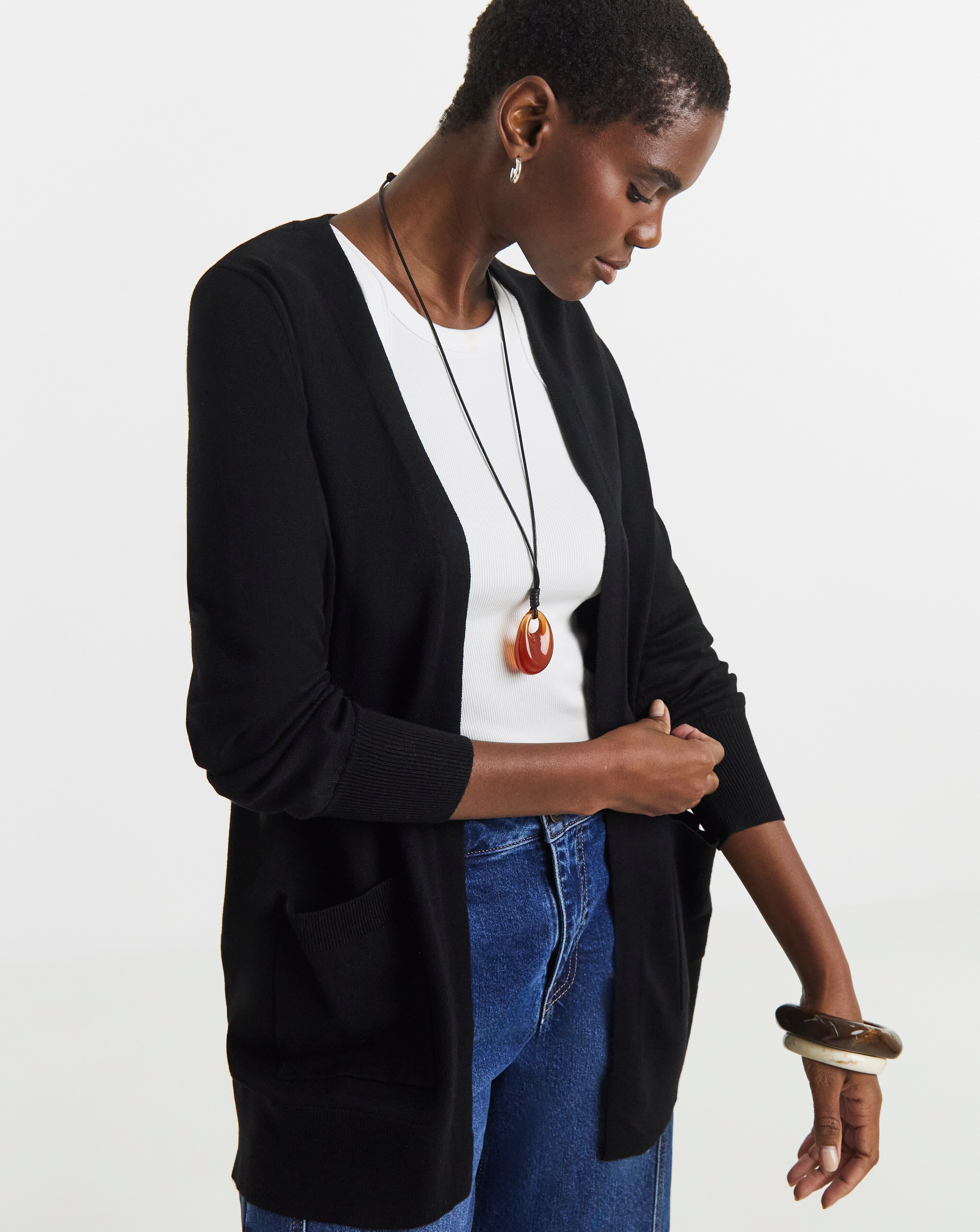 Fine Knit Black Longline Edge to Edge Cardigan