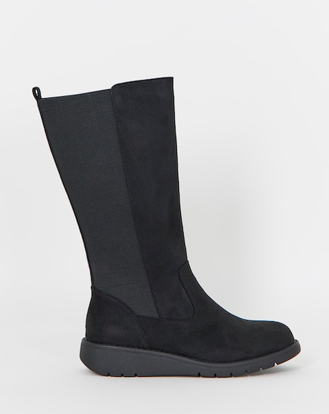 Cushion Walk Elasticated Back Wedge Calf Height Boots - Extra Wide Fit (EEE)