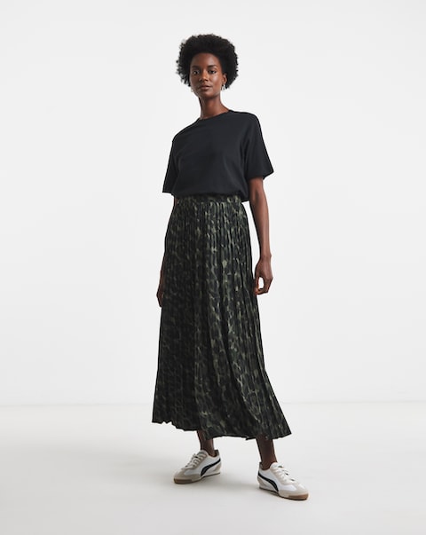 Khaki Leopard Jersey Pleated Midaxi  Skirt