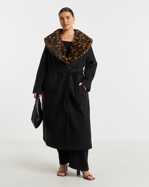 Leopard Faux Fur Collar Coat