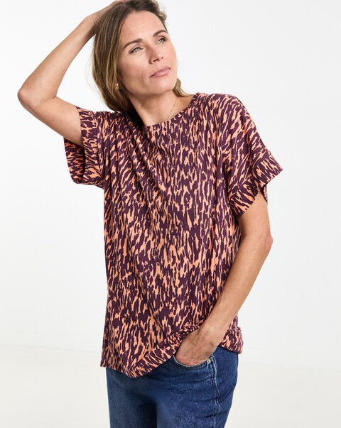 Print Crew Neck Grown On Sleeve Longline Dipped Back Top