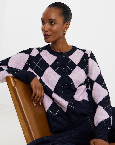 New In - Diamante Argyle Crew Neck Cardigan