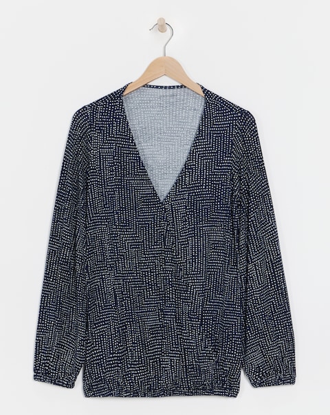 Printed Wrap Long Sleeve Bubble Hem Top