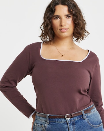 Simply Be Chocolate And Blue Contrast Trim Square Neck Long Sleeve Top