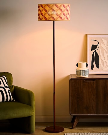 ValueLights Heather Dark Wood Wooden Stem Floor Lamp with Geo Print Bamboo Shade