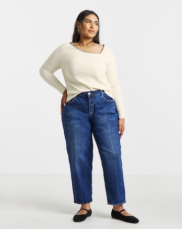 Simply Be Cream Asymmetric Neckline Blanket Stitch Long Sleeve Top