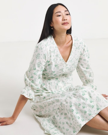 Cotton Dobby Button Through Dress With Puff Sleeve