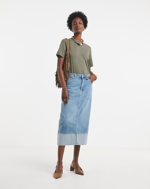 Light Blue Turn Up Midi Denim Skirt
