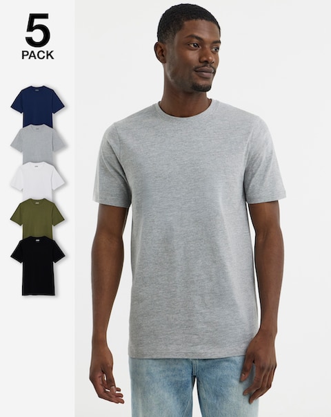 5 Pack Pure Cotton Crew Neck T-Shirts Long-Multi