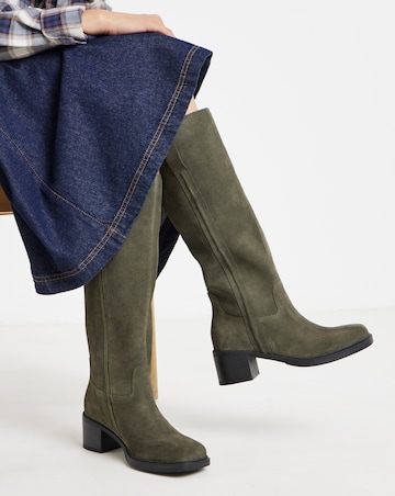Winnie Suede Low Block Heel Knee High Boots - Wide Fit (E) & Curvy Calf