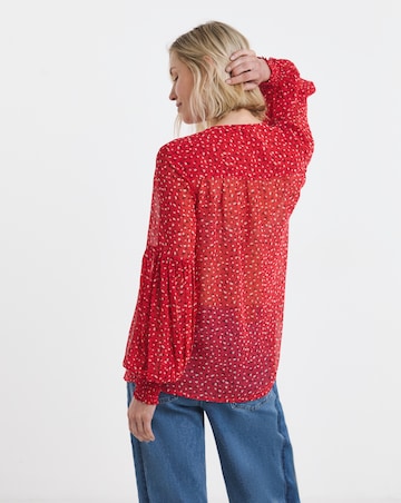 Red Ditsy Shirred Button Through Top