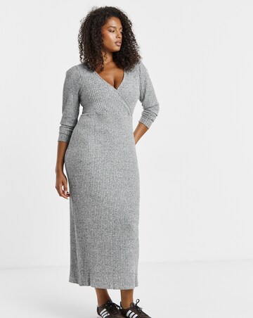 Grey Cosy Rib Wrap Front Midaxi Dress