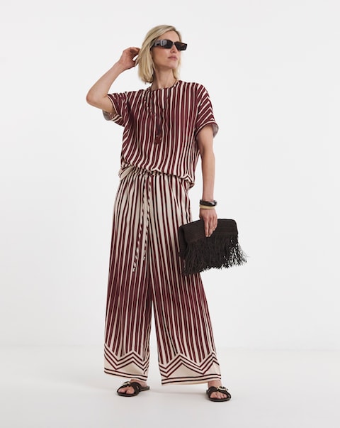 Stripe Border Printed Wide Leg Trouser